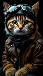Hyperrealistic Yami Kawaii style portrait of biker gang Scottish Fold cat wearing leathers, goggles on helmet, ultra-detailed, looking to camera, studio lighting, black background, portrait, cinematic lighting. --ar 4:5 --style raw