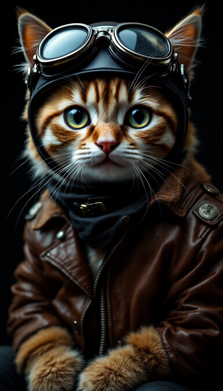 Hyperrealistic Yami Kawaii style portrait of biker gang Scottish Fold cat wearing leathers, goggles on helmet, ultra-detailed, looking to camera, studio lighting, black background, portrait, cinematic lighting. --ar 4:5 --style raw